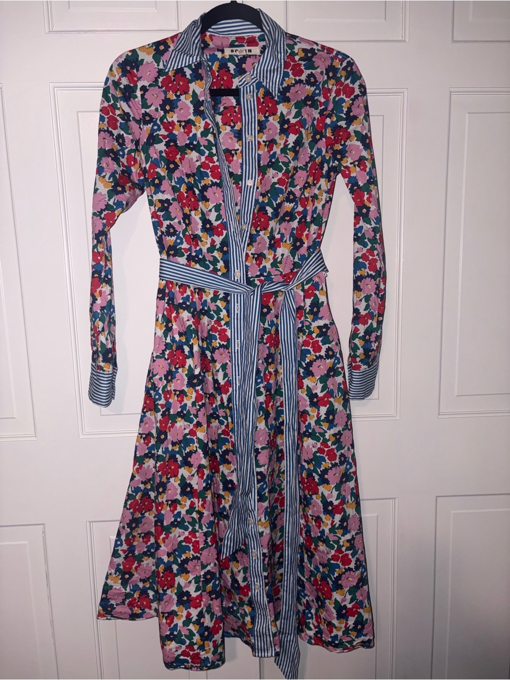 Boden Multicolor Floral Midi Shirt Dress with Blue Stripe Trim - Picture 4 of 5